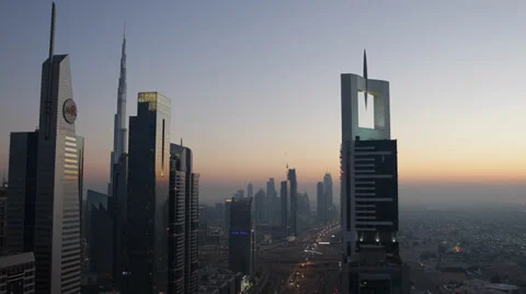 Sunset Aerial Dubai Skyline Skyscraper Arab Business Towers Busy City Highway Video stock 35689246
