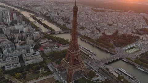 Sunset Aerial Eiffel Tower, Paris, Cinematic drone 4k footage Stock Footage 212208130