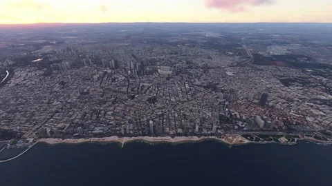 Sunset aerial of Jerusalem Beach in Tel Aviv. Israel Stock Footage 313093496