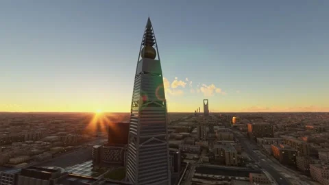 Sunset aerial of Kingdom Centre. Al Olaya. Riyadh. Saudi Arabia Stock Footage 310977299