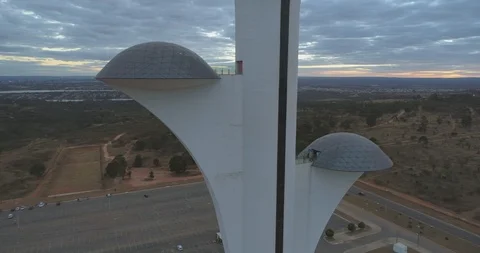 Sunset aerial orbiting then pulling out from the Brasilia Digital TV Tower Stock Footage 126107193