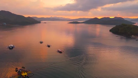 Sunset Aerial Over Coron Bay with Boats Stock Footage 346737267