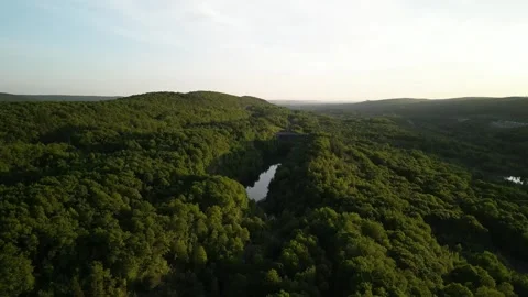 Sunset aerial over forest and pond in eastern Pennsylvania at sunset Stock Footage 244051802