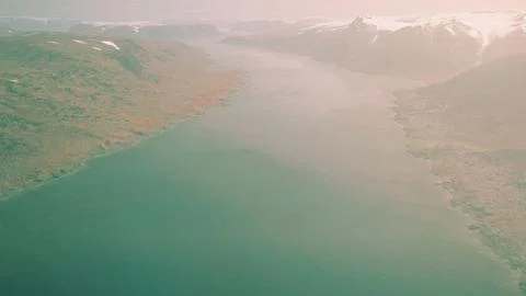 Sunset aerial panoramic view on stunning mountains of Norway Stock Illustration