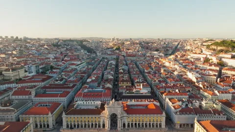 Sunset Aerial of Praca do Comercio and Rua Augusta Arch, Lisbon Stock-Footage 339065200