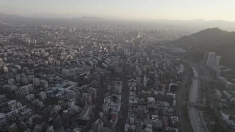 Sunset Aerial Push In View Of Santiago de Chile Urban Landscape And River Stock Footage 345606478