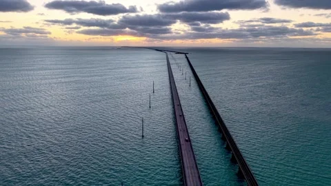 Sunset aerial seven mile bridge along the florida keys Stock Footage 336058905