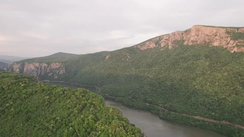 Sunset aerial view above the Danube Gorge, Romania Stock Footage 274560033