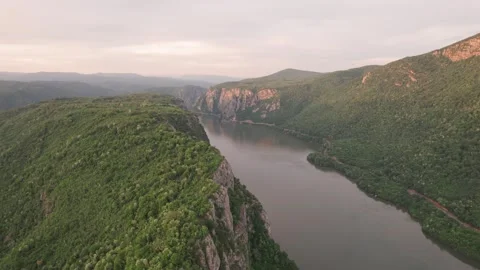 Sunset aerial view above the Danube Gorge, Romania Stock Footage 274560040