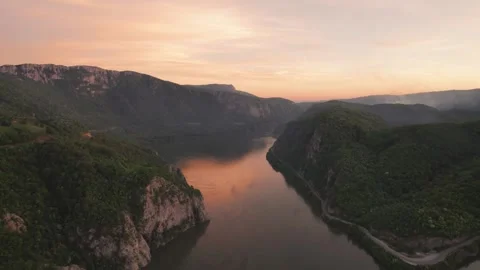 Sunset aerial view above the Danube Gorge, Romania Stock Footage 274560189