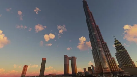 Sunset aerial view of Address Sky View luxury hotel and Burj Khalifa in Dubai Stock Footage 270523978