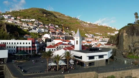 Sunset aerial view of Camara de Lobos fishing village in Madeira, Portugal Video stock 342352656