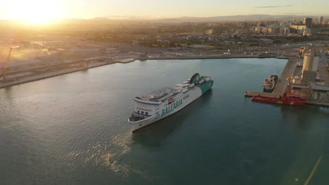 Sunset Aerial View of Cargo Ferry Approaching Port in Valencia, Spain Video stock 263282573