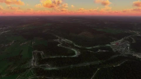 Sunset aerial view of the Circuit of Spa-Francorchamps in Stavelot. Belgium Stock Footage 273124324