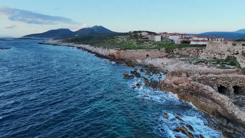 Sunset aerial view of Methoni Castle walls Greece Video stock 303187795