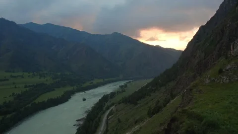Sunset aerial view of Mountain Spirits Gorge valley and river in Altai, Russia Stock Footage 336296302