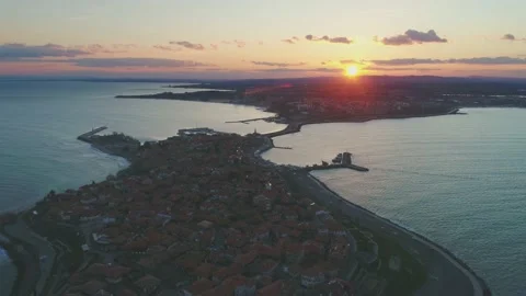 Sunset aerial view of Nesebar  Mesembria ancient city on the Black Sea Stock Footage 167723522
