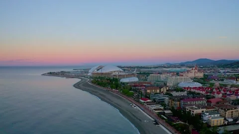 Sunset Aerial View of Olympic Sites and Coastal Beauty in Sochi, Russia Stock Footage 280673677
