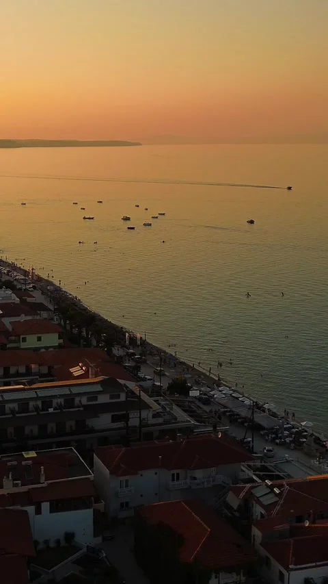Sunset Aerial View Over Sea Beach and Coast of Polychrono Video stock 342238226