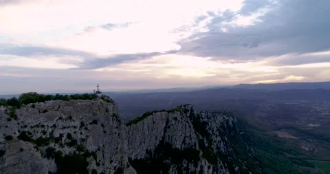 Sunset Aerial view of the Pic St Loup in Occitanie South of France Stock Footage 196808683