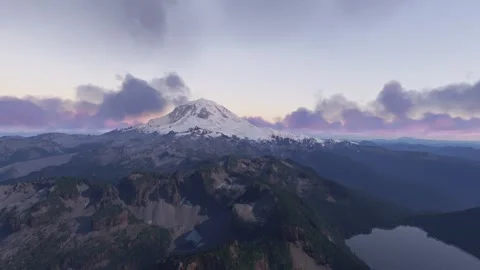 Sunset aerial view of snow on Mount Rainier in Washington. United States Stock-Footage 314479249