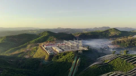 Sunset aerial view of solar panels stand energy landscape nature environment 스톡 동영상 344445491