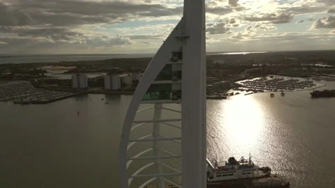 Sunset aerial view of the Spinnaker Tower in Portsmouth UK Stock Footage 203723793