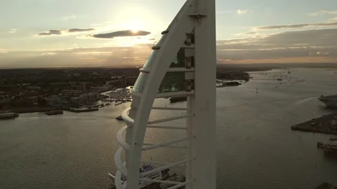 Sunset aerial view of the Spinnaker tower in Portsmouth Stock Footage 241534046
