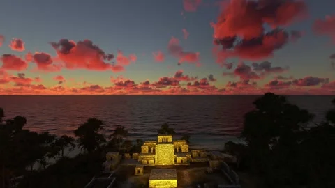 Sunset aerial view of Tulum Ruins in Quintana Roo. Mexico Stock Footage 270867415