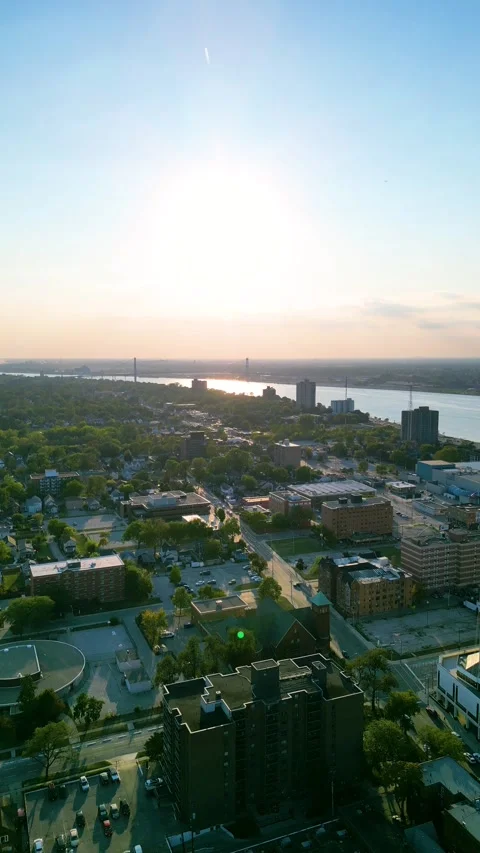 Sunset Aerial View of Windsor and Ambassador Bridge Stock Footage 340009250