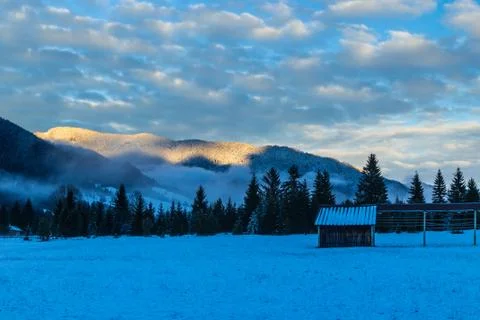 Sunset after the first snowfall Foto stock