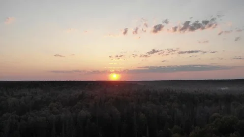 Sunset against the background of the forest and fog.  Aerial photography 動画素材 94420296