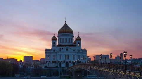 Sunset against the Cathedral of Christ the Saviour, Moscow Stock Footage 39016790