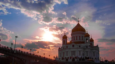 Sunset against the Cathedral of Christ the Saviour, Moscow, Russia Stock Footage 39016791