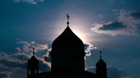 Sunset against the Cathedral of Christ the Saviour, Moscow, Russia Stock Footage 39016807
