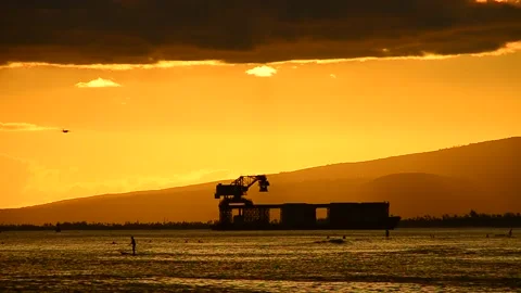 Sunset Airplane Ship Honolulu Stock Footage 154486687