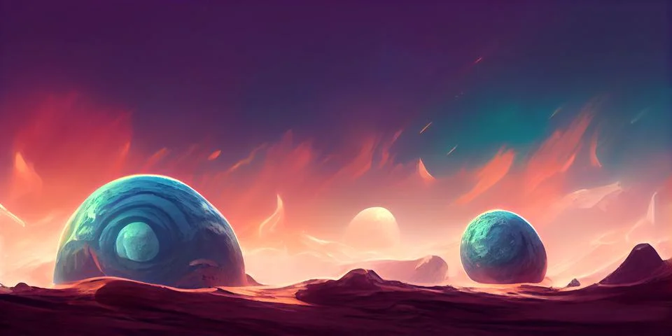 Sunset on alien planet, planets and moons in colorful light. Stock Illustration