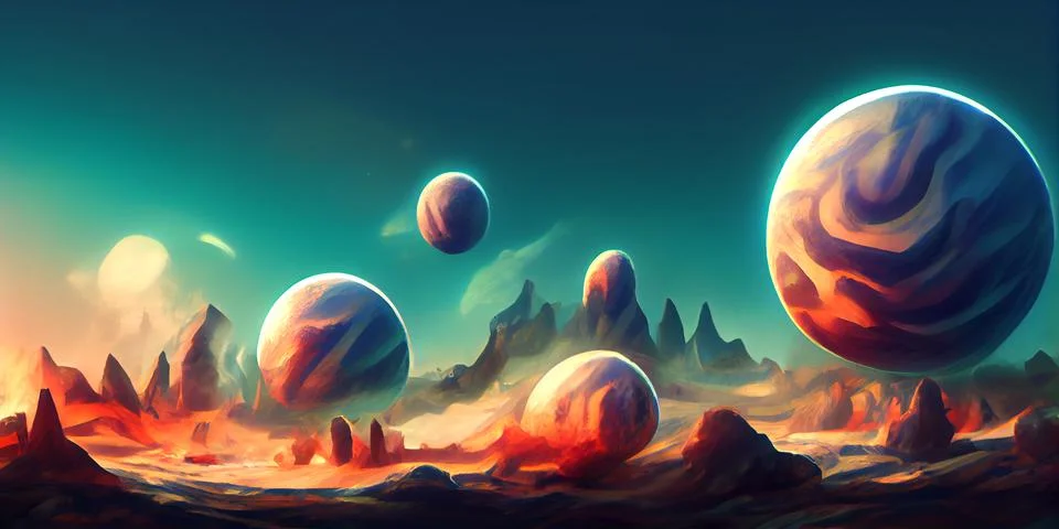 Sunset on alien planet, planets and moons in colorful light. Stock Illustration