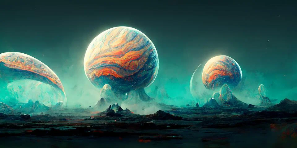 Sunset on alien planet, planets and moons in colorful light. Stock Illustration