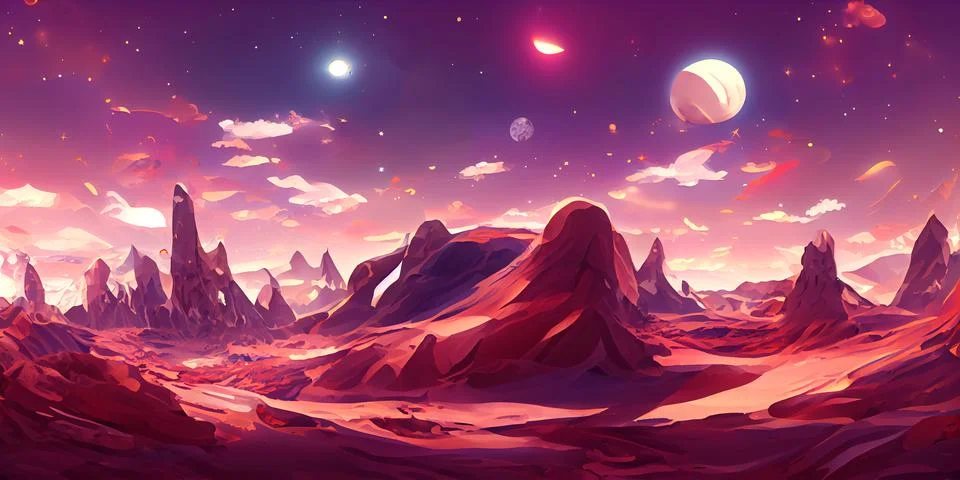 Sunset on alien planet, planets and moons in colorful light. Stock Illustration