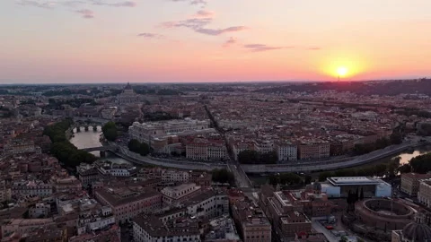 Sunset Alignment Over Castel Sant'Angelo and Tiber River Corridor Stock Footage 340411020