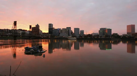 Sunset along Willamette River with Cityscape  in Portland Oregon Stock Footage 35469253