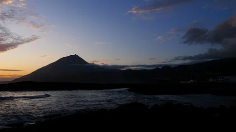 Sunset and clouds passing over Mount Pico - Azores Island, Portugal Stock Footage 116464636