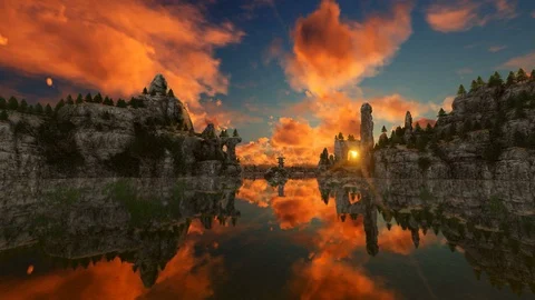 Sunset and clouds running over fantasy mountains Stock Footage 105783466