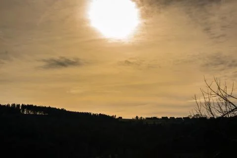 Sunset and the dark forest Stock Photos