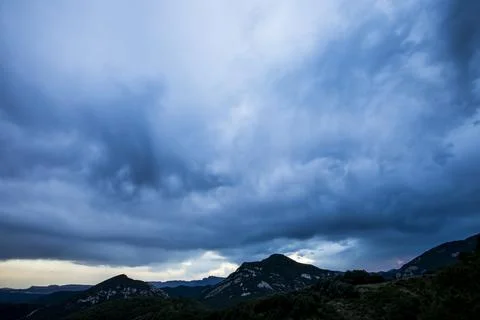 Sunset and dramatic clouds in La Garrotxa, Spain Фото