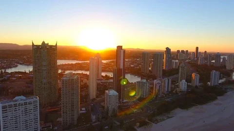 Sunset and lensflare over Australian coastal town buildings Gold Coast, Que.. Stock Footage 75818056