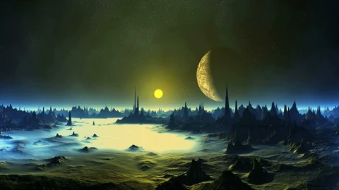 Sunset and the Moon over Alien Planet Stock Footage 95389616