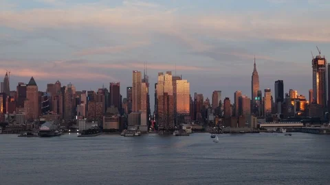 Sunset and Moon Rise Time-lapse of New York City Skyline and 42nd Street Stock Footage 95400722