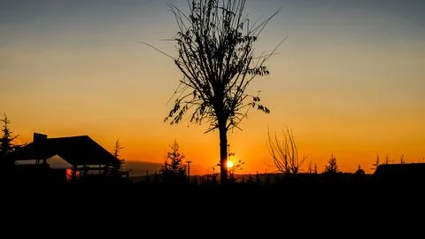 Sunset and Mountain House View Stock Photos